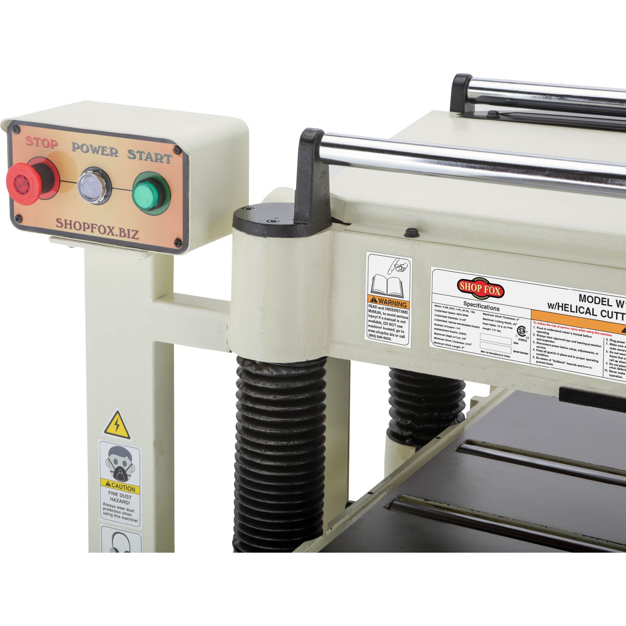 Shop Fox 20" Planer W/ Built in Mobile Base and Helical Cutterhead - W1754H